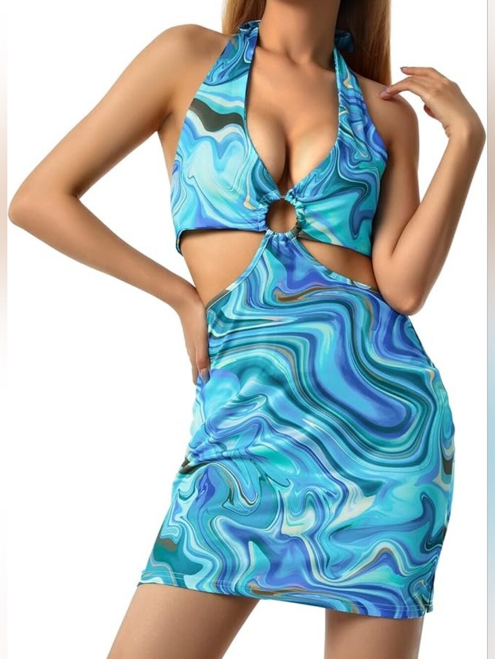 Y2K blue swirl halter dress. Size S.